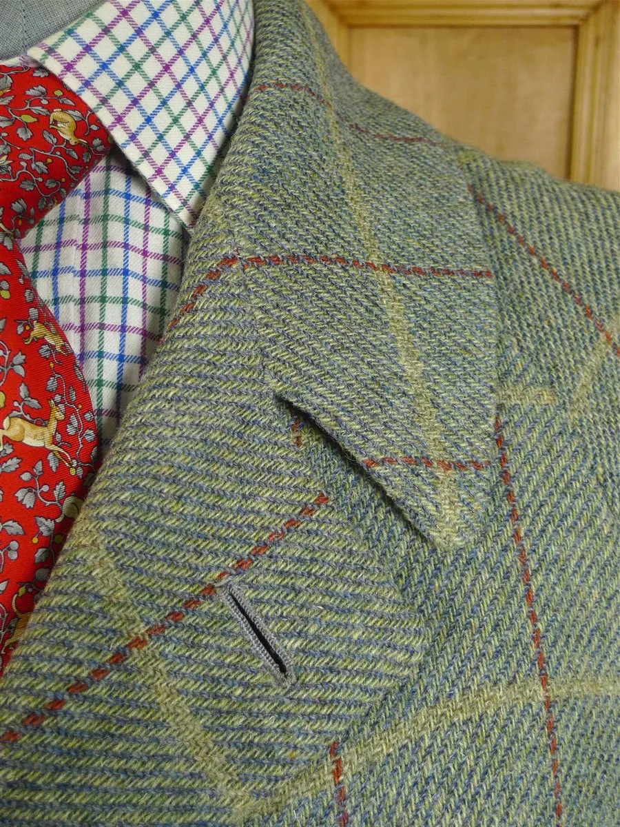 080824/02 amazing 1999 anderson & sheppard savile row bespoke grey wp check tweed field coat w/ tattersall lining 44-45 regular