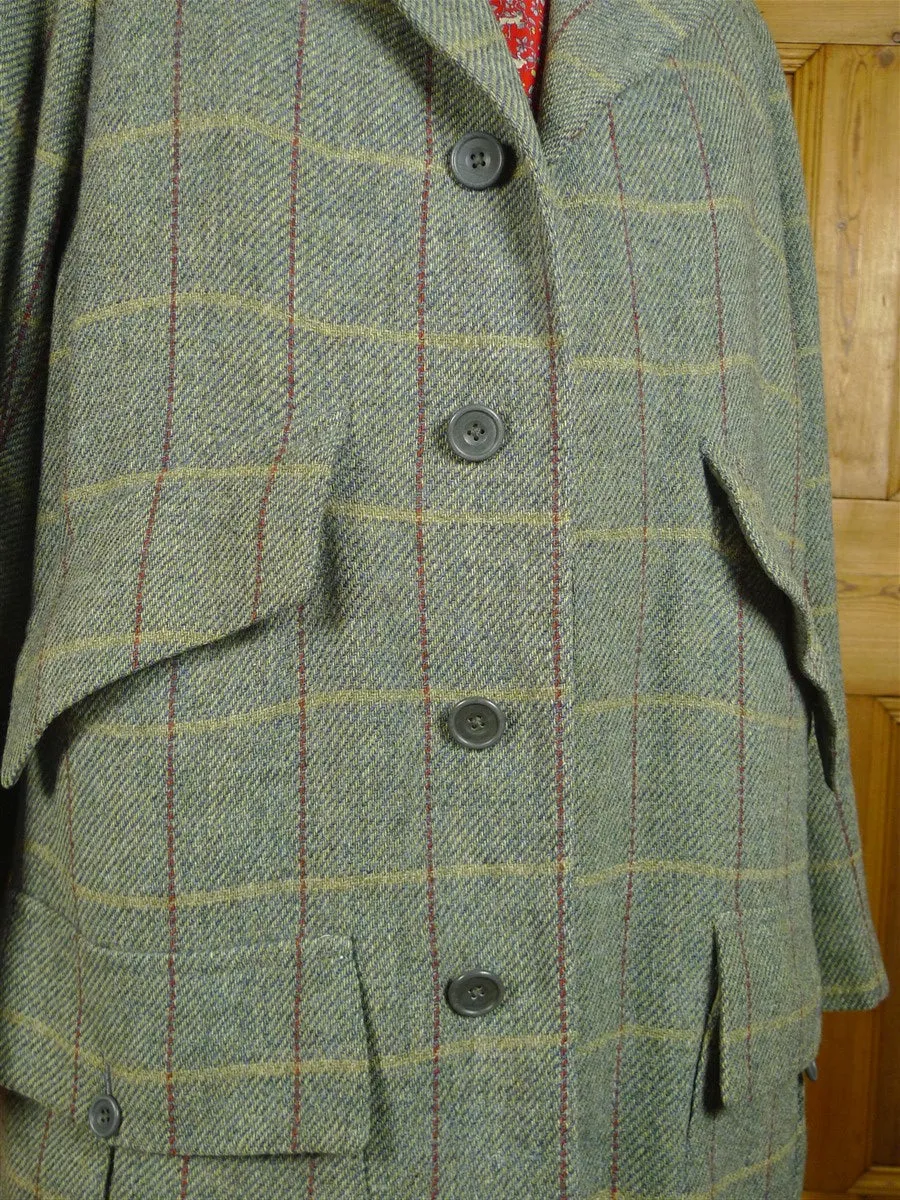 080824/02 amazing 1999 anderson & sheppard savile row bespoke grey wp check tweed field coat w/ tattersall lining 44-45 regular