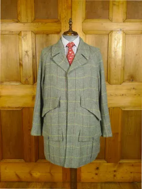 080824/02 amazing 1999 anderson & sheppard savile row bespoke grey wp check tweed field coat w/ tattersall lining 44-45 regular