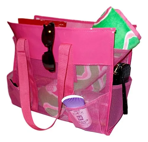 101 BEACH Waterproof Mesh Shopper Utility Beach Bag Zipper Organizing Tote bag (Pink)