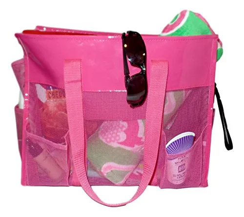 101 BEACH Waterproof Mesh Shopper Utility Beach Bag Zipper Organizing Tote bag (Pink)