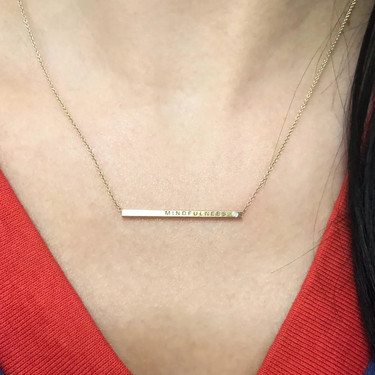 14k Engraved Thin ID Bar Necklace with Diamond