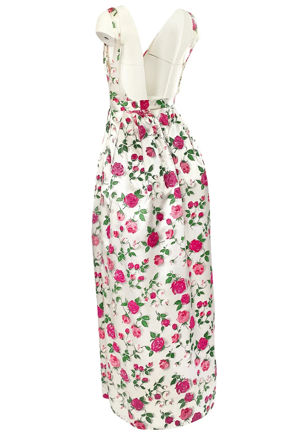 1950s Unlabeled Hand Painted Rose Print Light Satin Backless Halter Dress