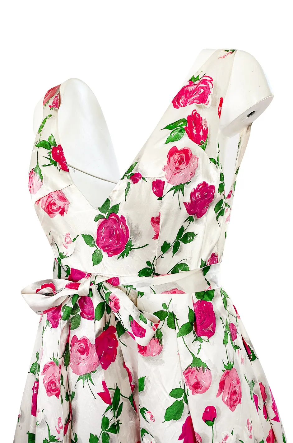 1950s Unlabeled Hand Painted Rose Print Light Satin Backless Halter Dress