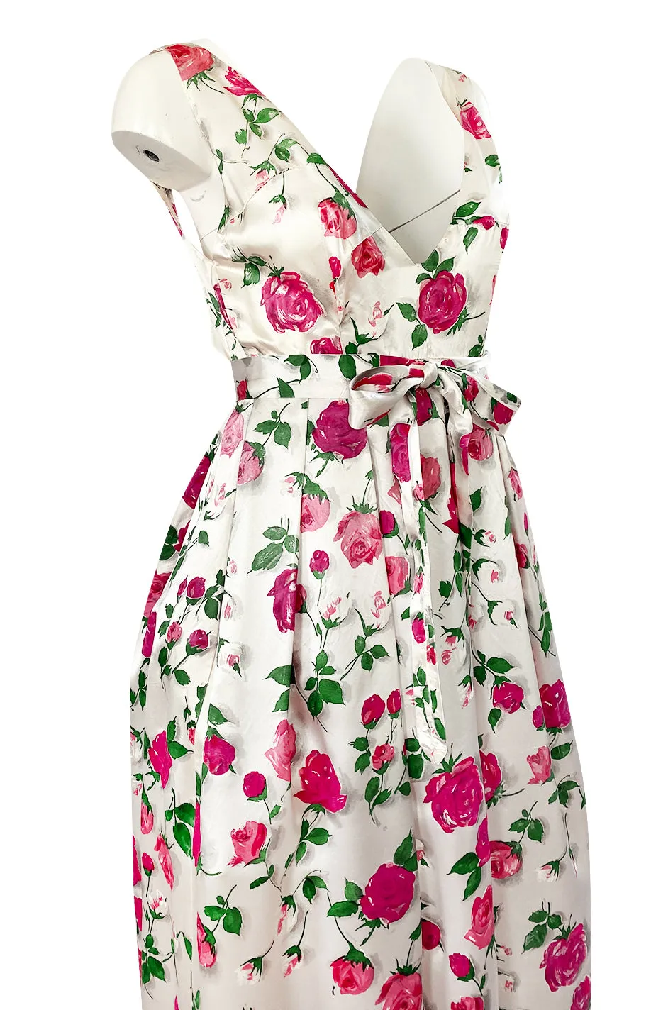 1950s Unlabeled Hand Painted Rose Print Light Satin Backless Halter Dress