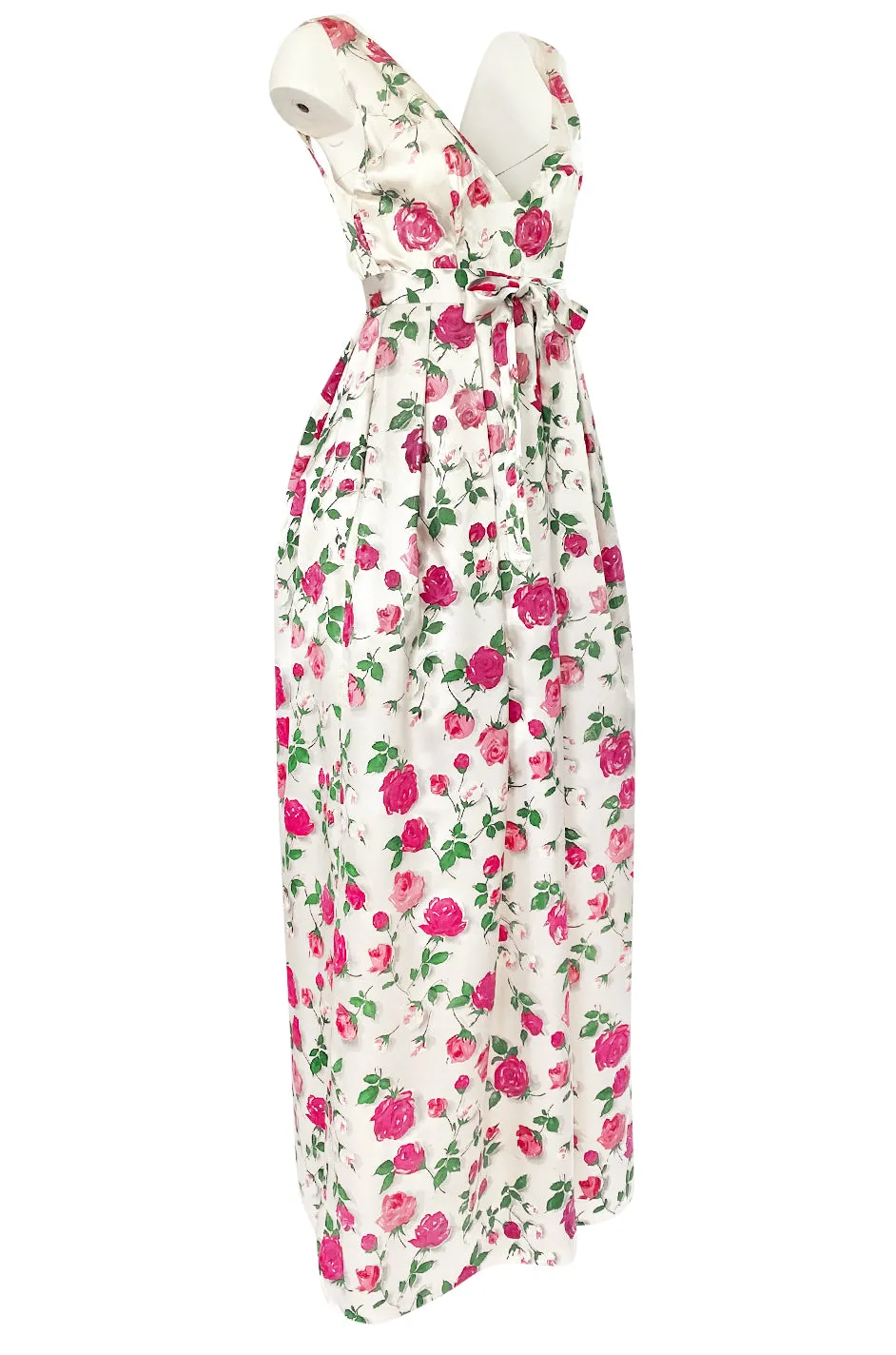 1950s Unlabeled Hand Painted Rose Print Light Satin Backless Halter Dress