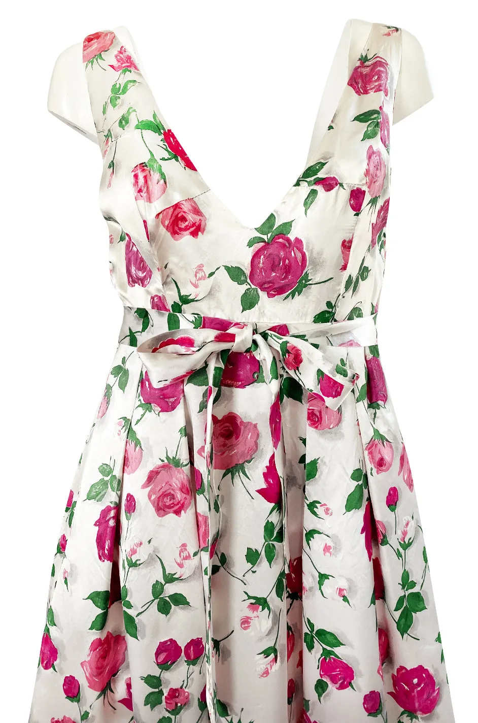 1950s Unlabeled Hand Painted Rose Print Light Satin Backless Halter Dress