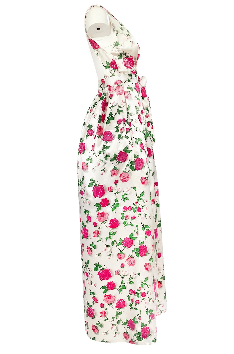 1950s Unlabeled Hand Painted Rose Print Light Satin Backless Halter Dress