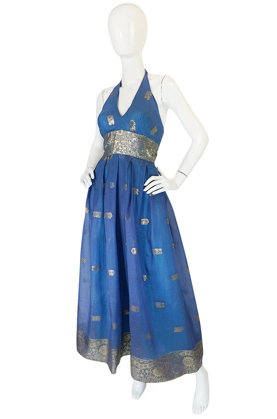 1960s Backless Blue & Gold Sari Inspired Silk Dress