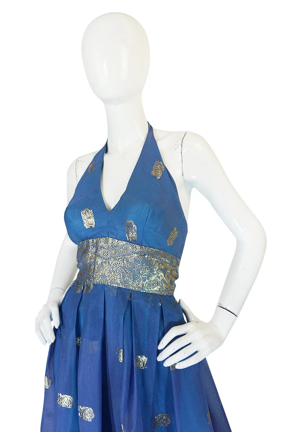 1960s Backless Blue & Gold Sari Inspired Silk Dress