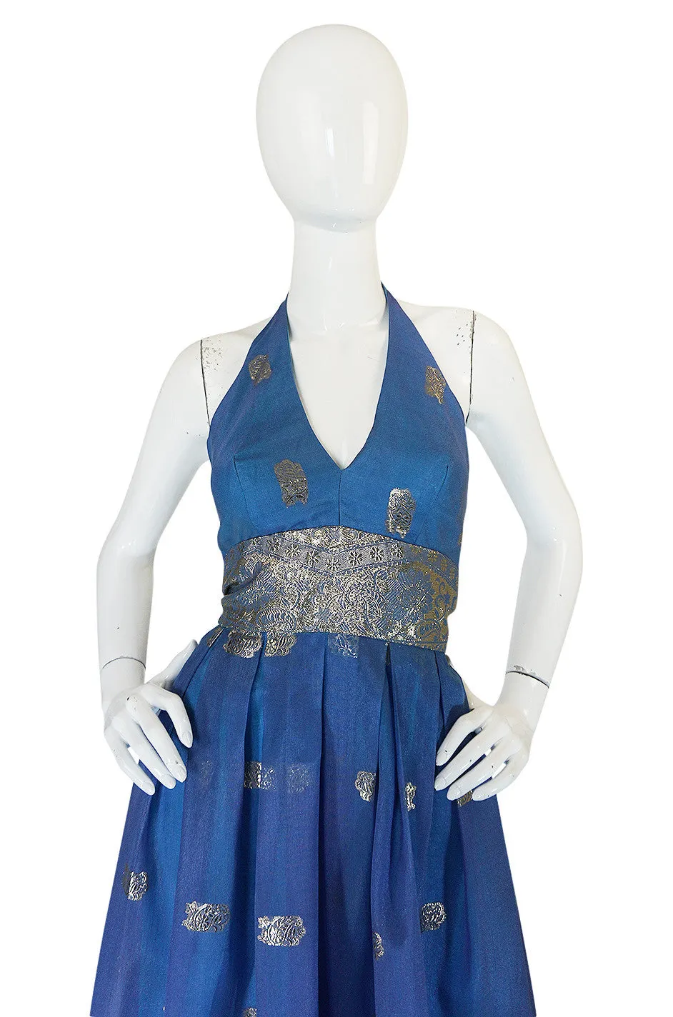 1960s Backless Blue & Gold Sari Inspired Silk Dress