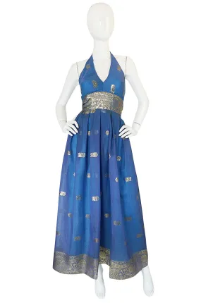 1960s Backless Blue & Gold Sari Inspired Silk Dress