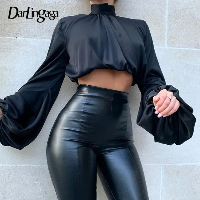 2021 Crop Top Darlingaga Fashion Chic Satin High Neck Long Puff Sleeve Sizes S -L