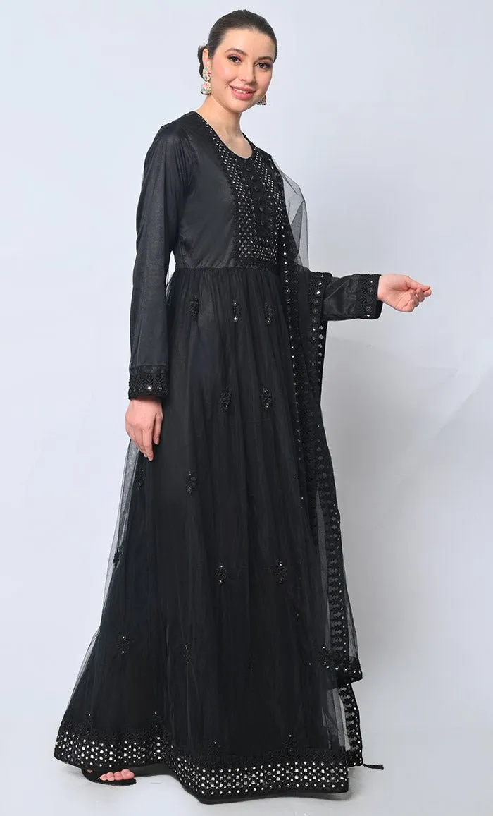 2pc Heavy Foil Work Embroidered Black Anarkali and Dupatta Set