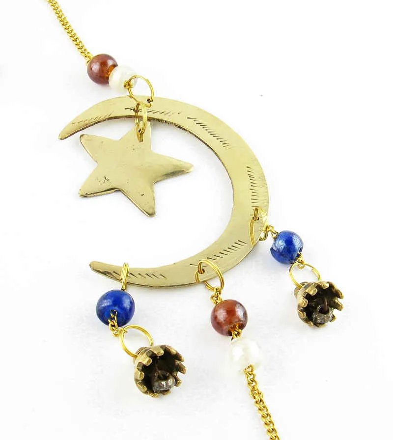 3 Crescent Moons and Stars Long Brass Wind Chime