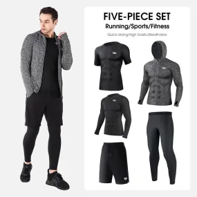 5Pcs Sport Suits Men's Compression Pants Shirt Top Long Sleeve Jacket Athletic Sets Gym Clothing Mens Workout