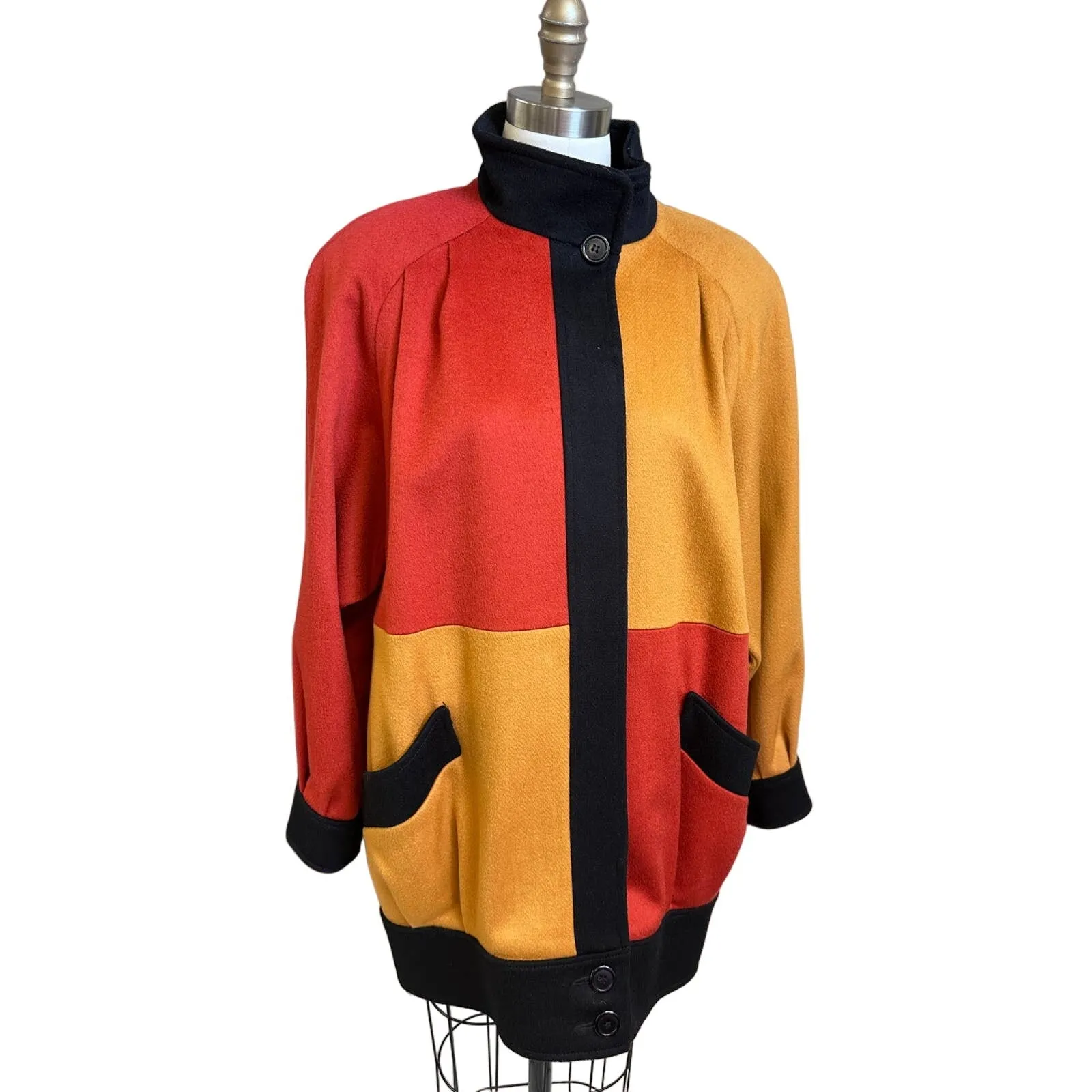 80s Vtg Retro Steve Evans Color Block Wool Coat Womens L Orange Yellow Black