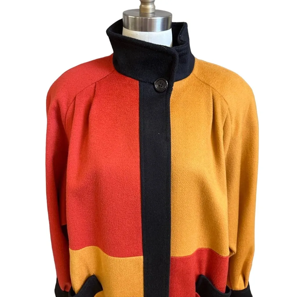 80s Vtg Retro Steve Evans Color Block Wool Coat Womens L Orange Yellow Black