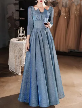 A-Line Beautiful Back Elegant Prom Formal Evening Dress Sweetheart Neckline V Back 3/4 Length Sleeve Floor Length Satin with Sleek Pure Color Splicing