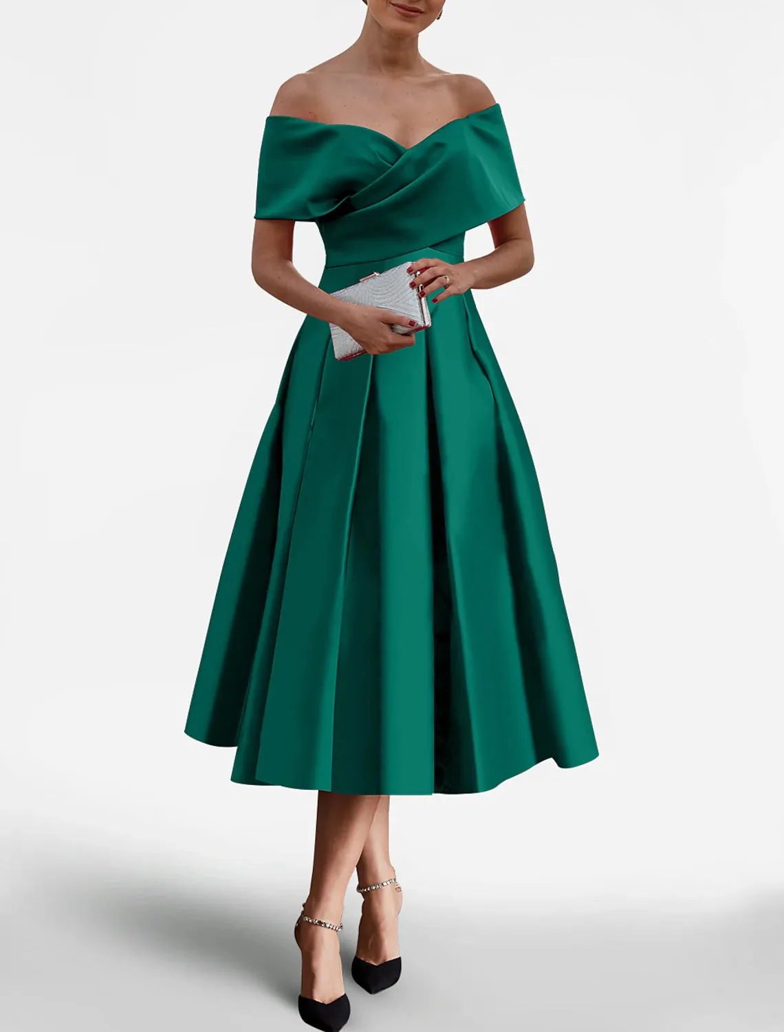 A-Line Cocktail Dresses Elegant Dress Wedding Guest Tea Length Short Sleeve Off Shoulder Satin with Pocket