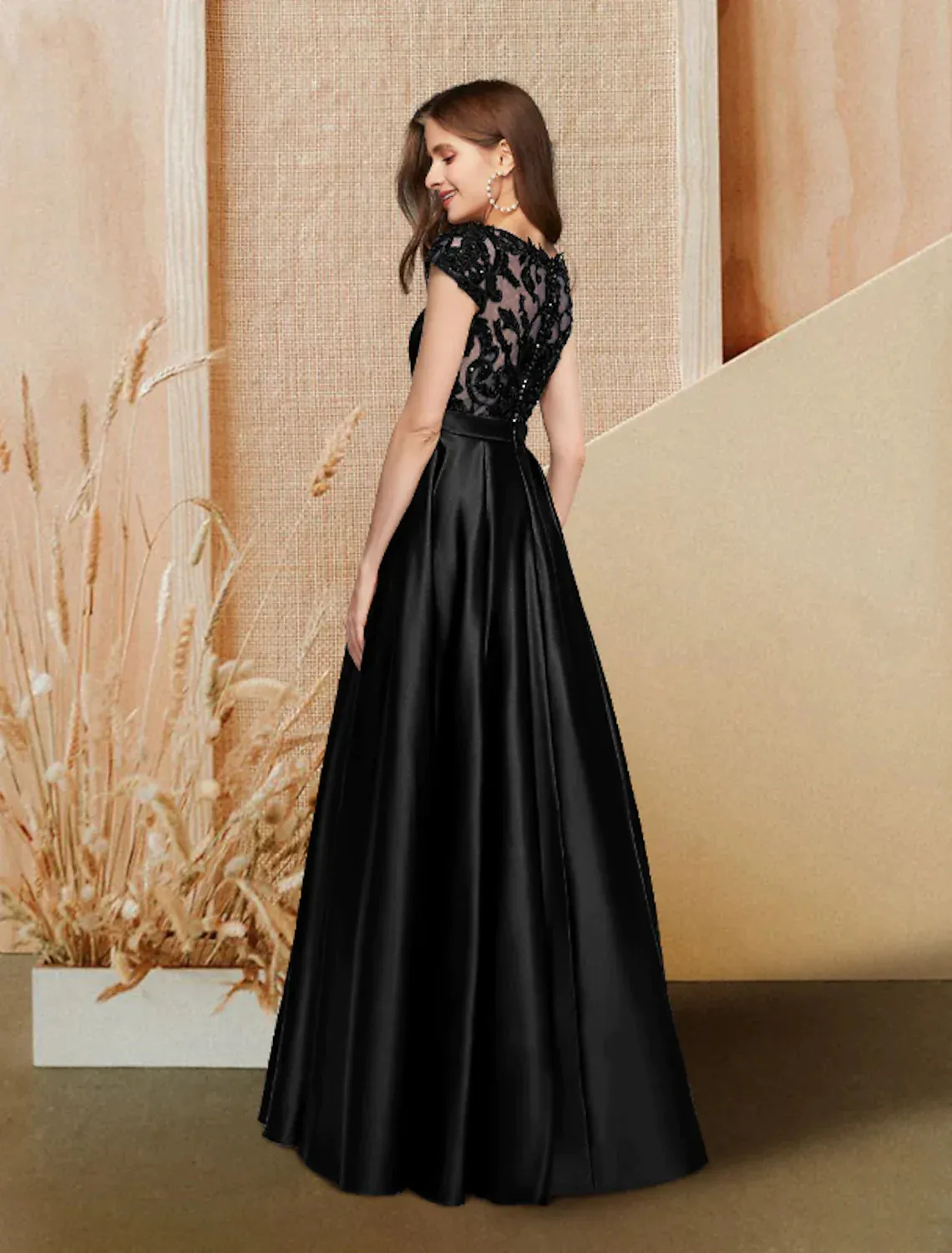 A-Line Evening Gown Dress Wedding Floor Length Short Sleeve Satin Beading Lace Pocket