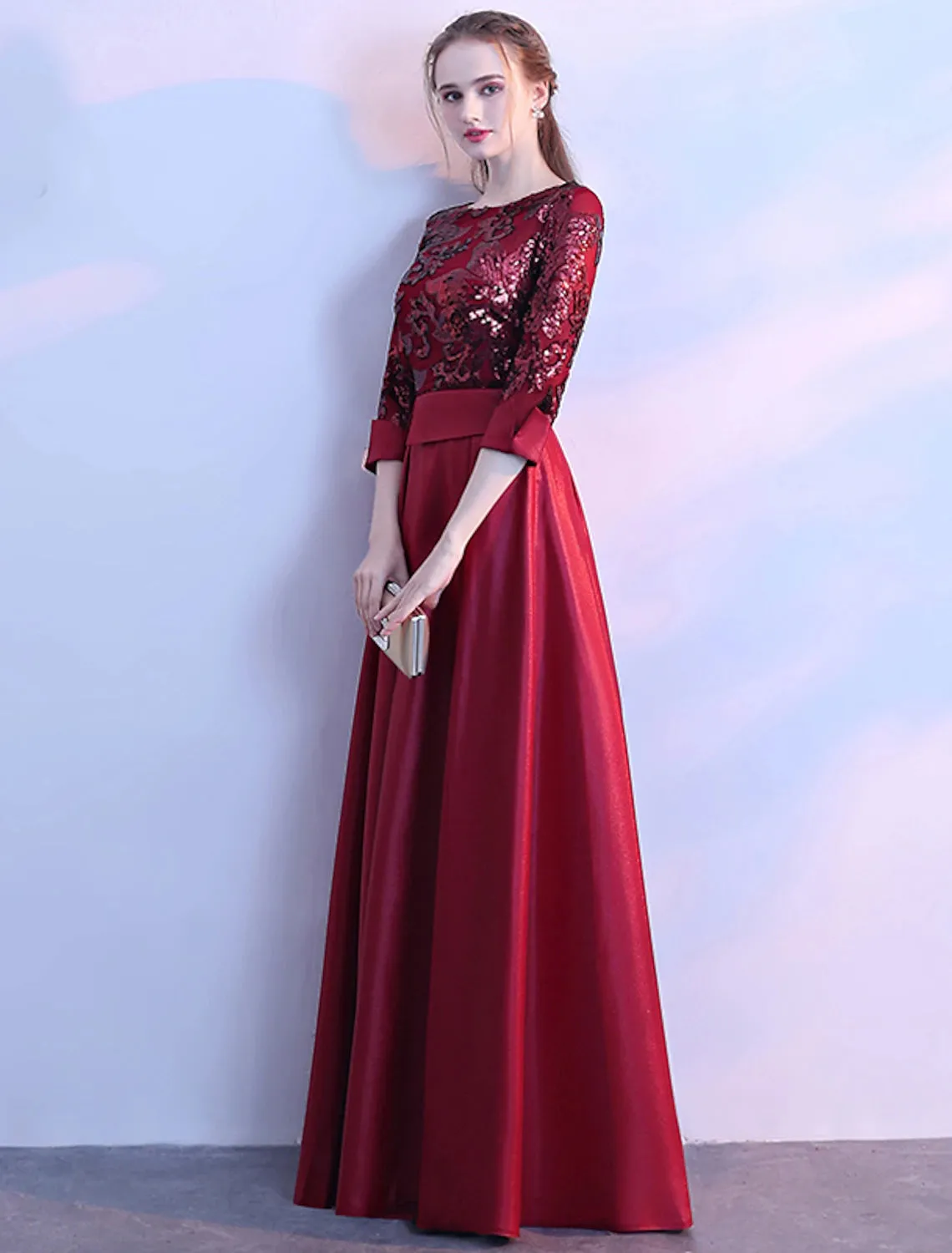 A-Line Glittering Elegant Prom Formal Evening Dress Jewel Neck 3/4 Length Sleeve Floor Length Satin with Sequin