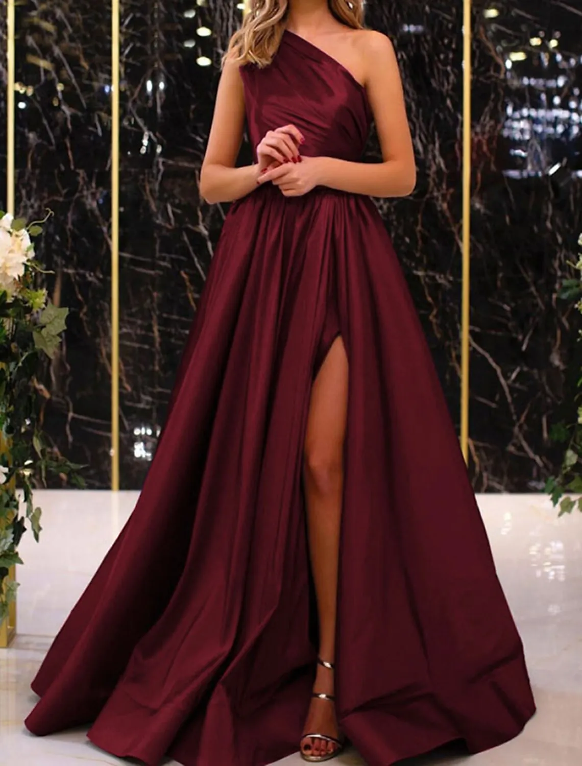 A-Line Minimalist Elegant Engagement Formal Evening Birthday Dress One Shoulder Sleeveless Floor Length Satin with Pleats Slit