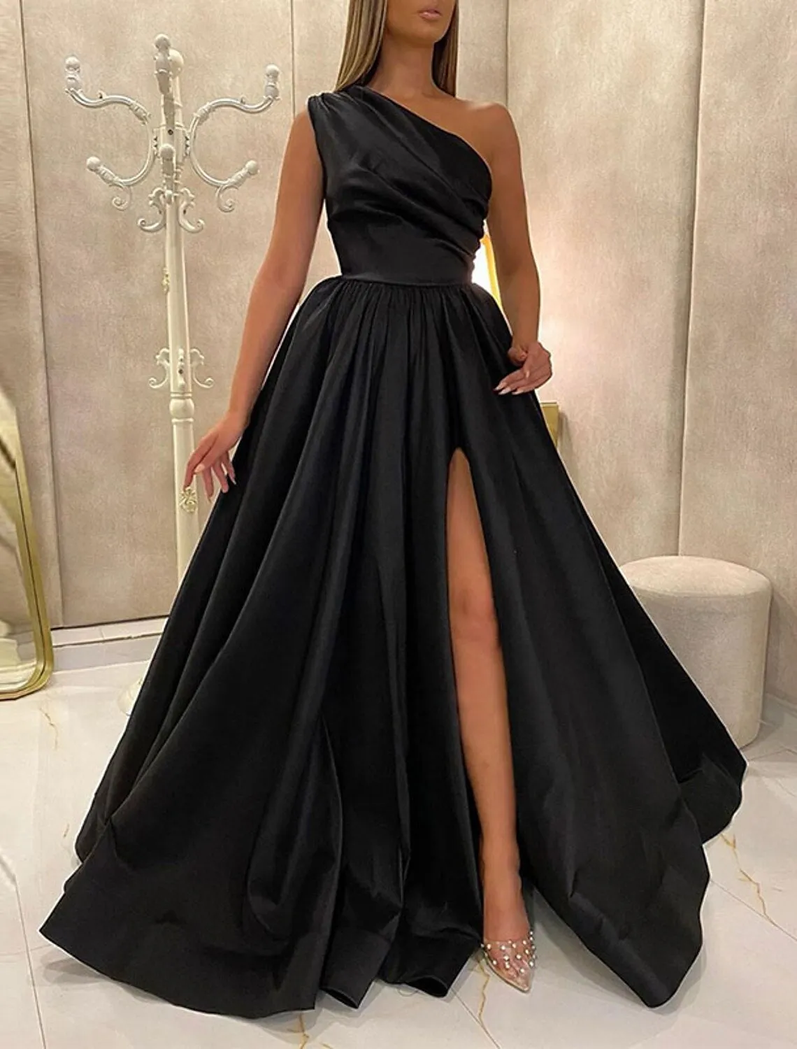 A-Line Minimalist Elegant Engagement Formal Evening Birthday Dress One Shoulder Sleeveless Floor Length Satin with Pleats Slit