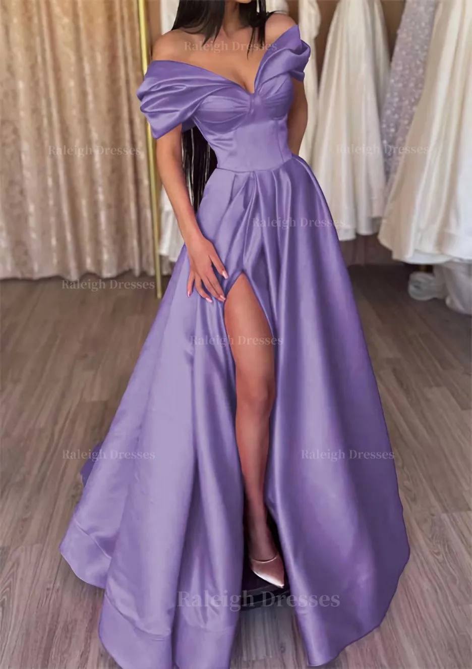 A-line Off-the-Shoulder Short Sleeve Satin Long/Floor-Length Prom Dress With Ruffles Split