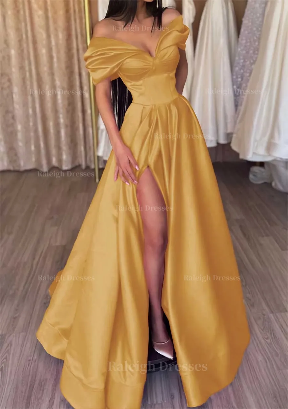 A-line Off-the-Shoulder Short Sleeve Satin Long/Floor-Length Prom Dress With Ruffles Split