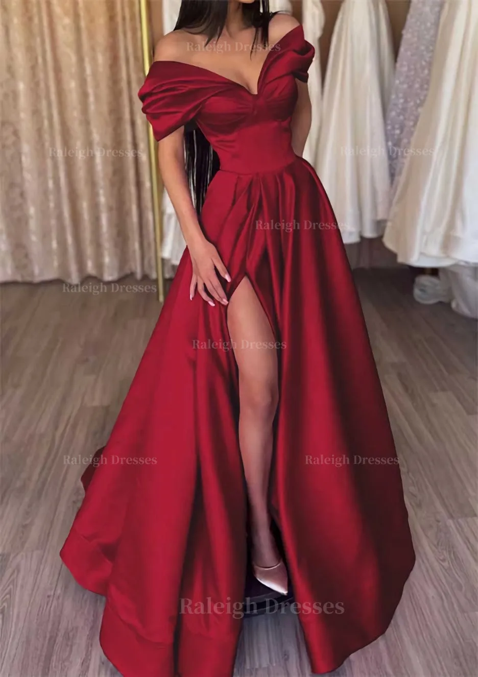 A-line Off-the-Shoulder Short Sleeve Satin Long/Floor-Length Prom Dress With Ruffles Split