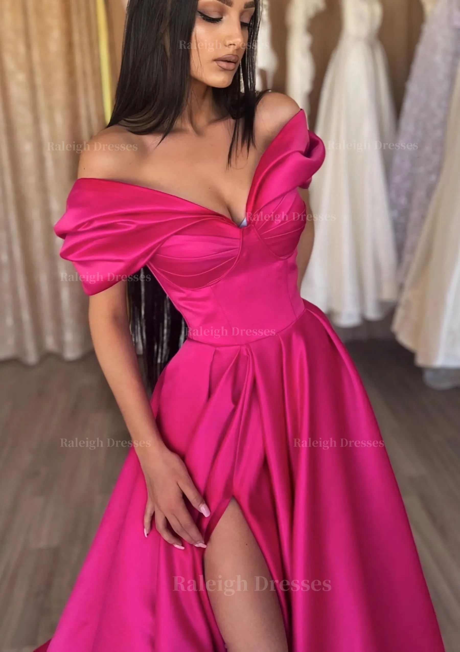 A-line Off-the-Shoulder Short Sleeve Satin Long/Floor-Length Prom Dress With Ruffles Split