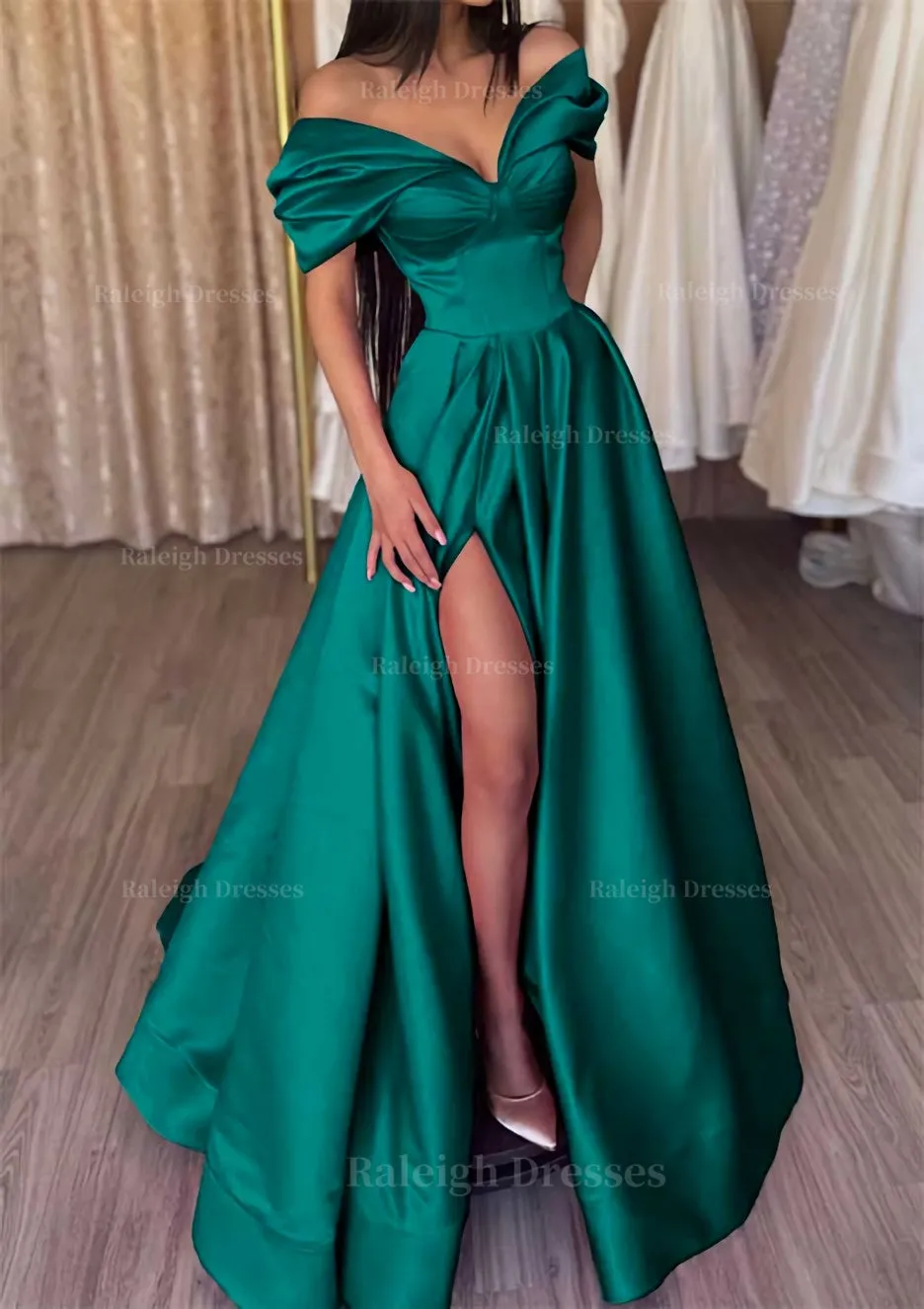 A-line Off-the-Shoulder Short Sleeve Satin Long/Floor-Length Prom Dress With Ruffles Split