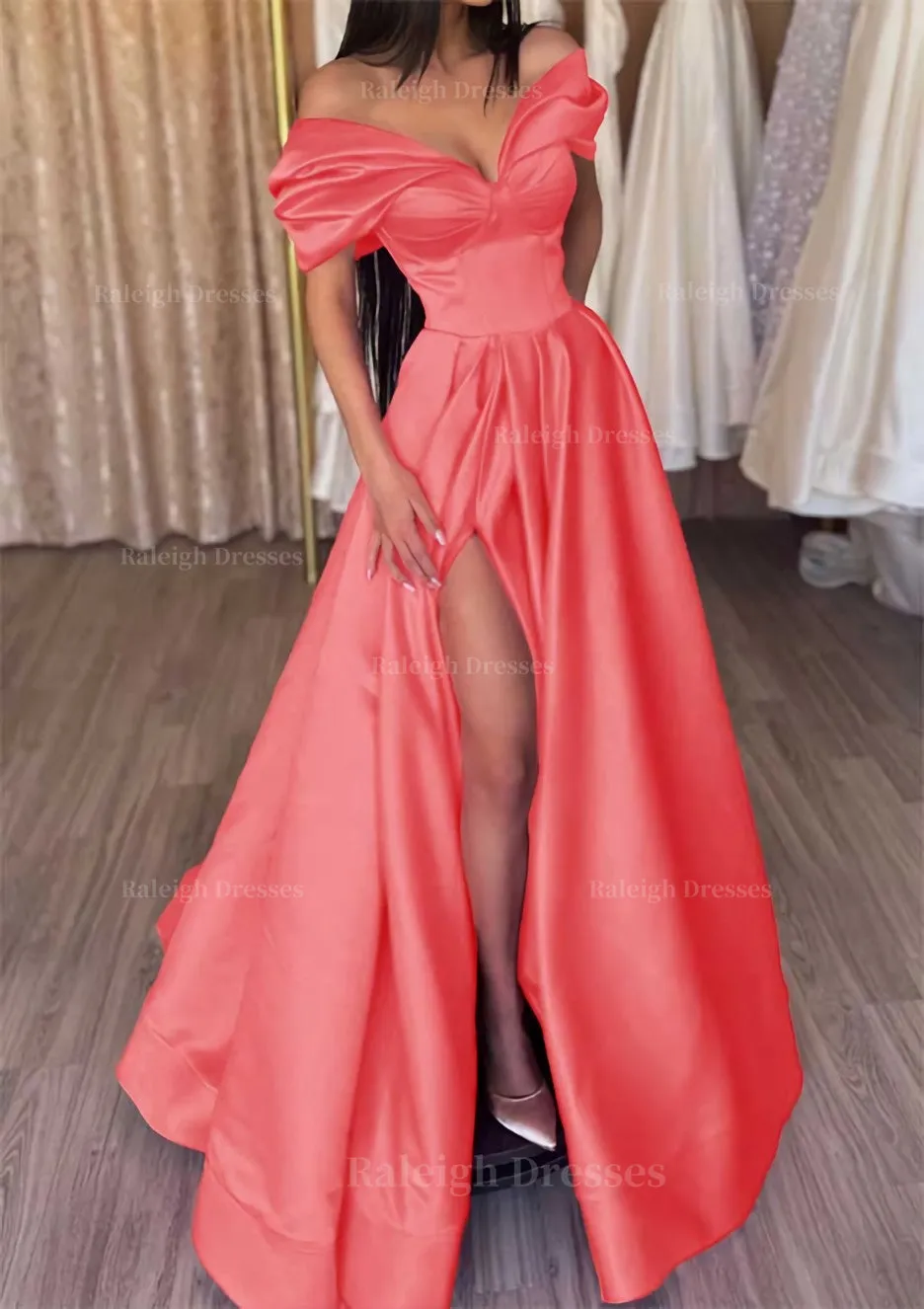 A-line Off-the-Shoulder Short Sleeve Satin Long/Floor-Length Prom Dress With Ruffles Split