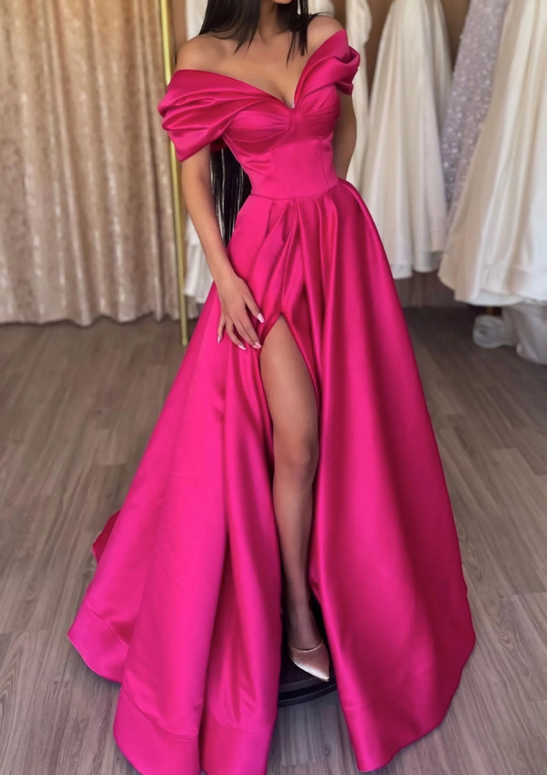 A-line Off-the-Shoulder Short Sleeve Satin Long/Floor-Length Prom Dress With Ruffles Split