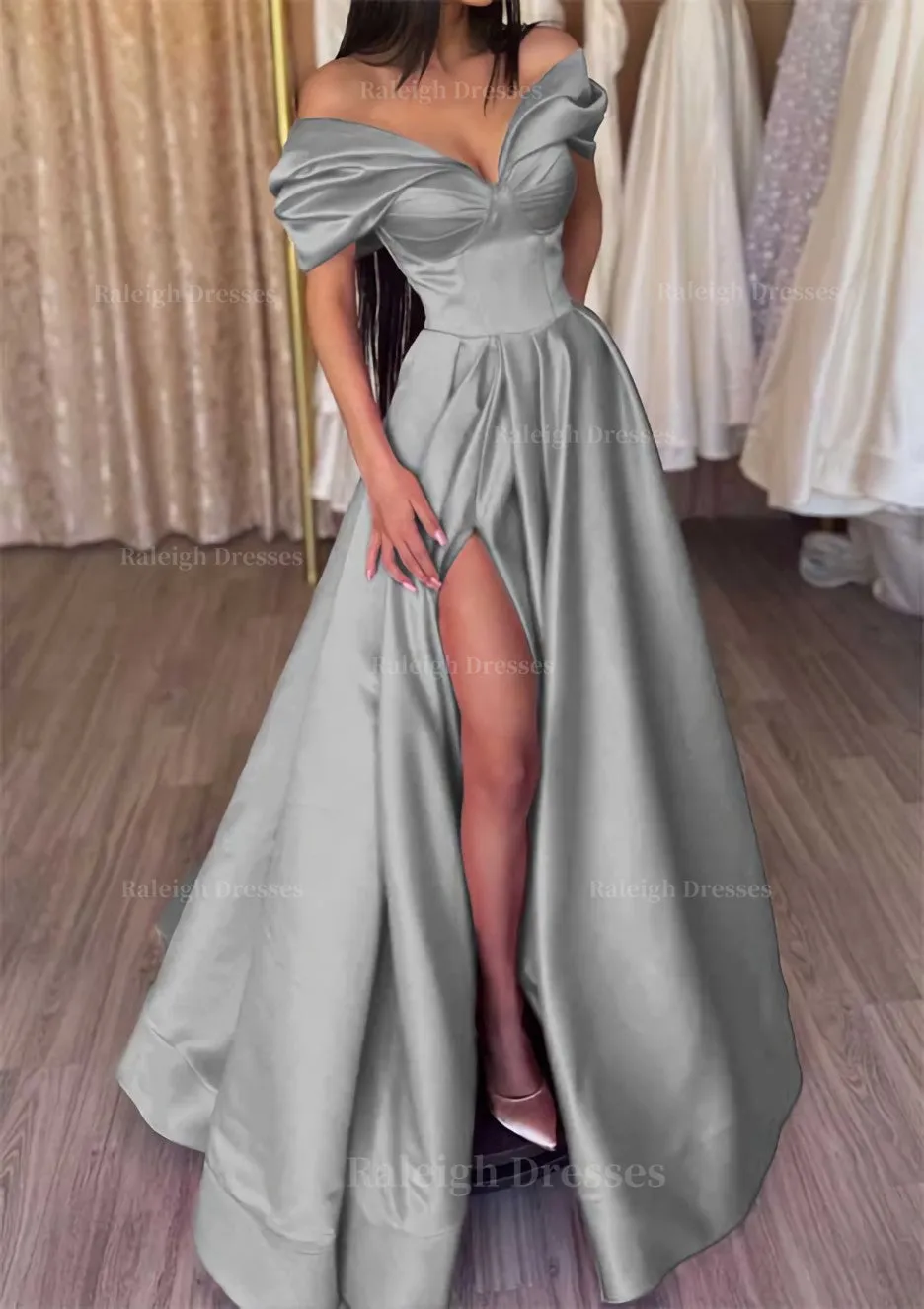 A-line Off-the-Shoulder Short Sleeve Satin Long/Floor-Length Prom Dress With Ruffles Split