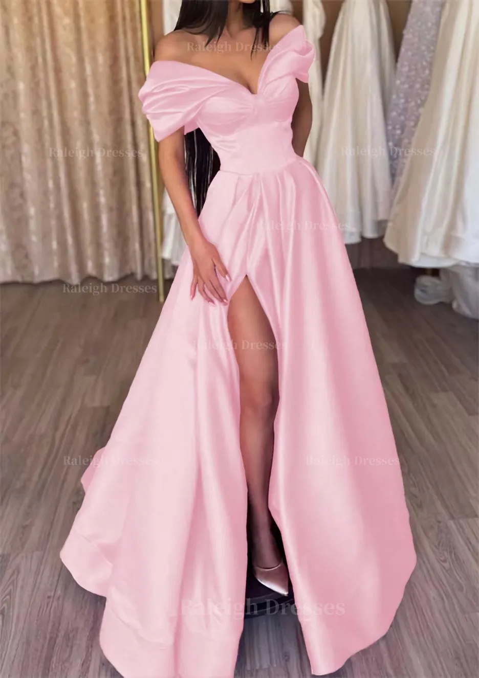 A-line Off-the-Shoulder Short Sleeve Satin Long/Floor-Length Prom Dress With Ruffles Split