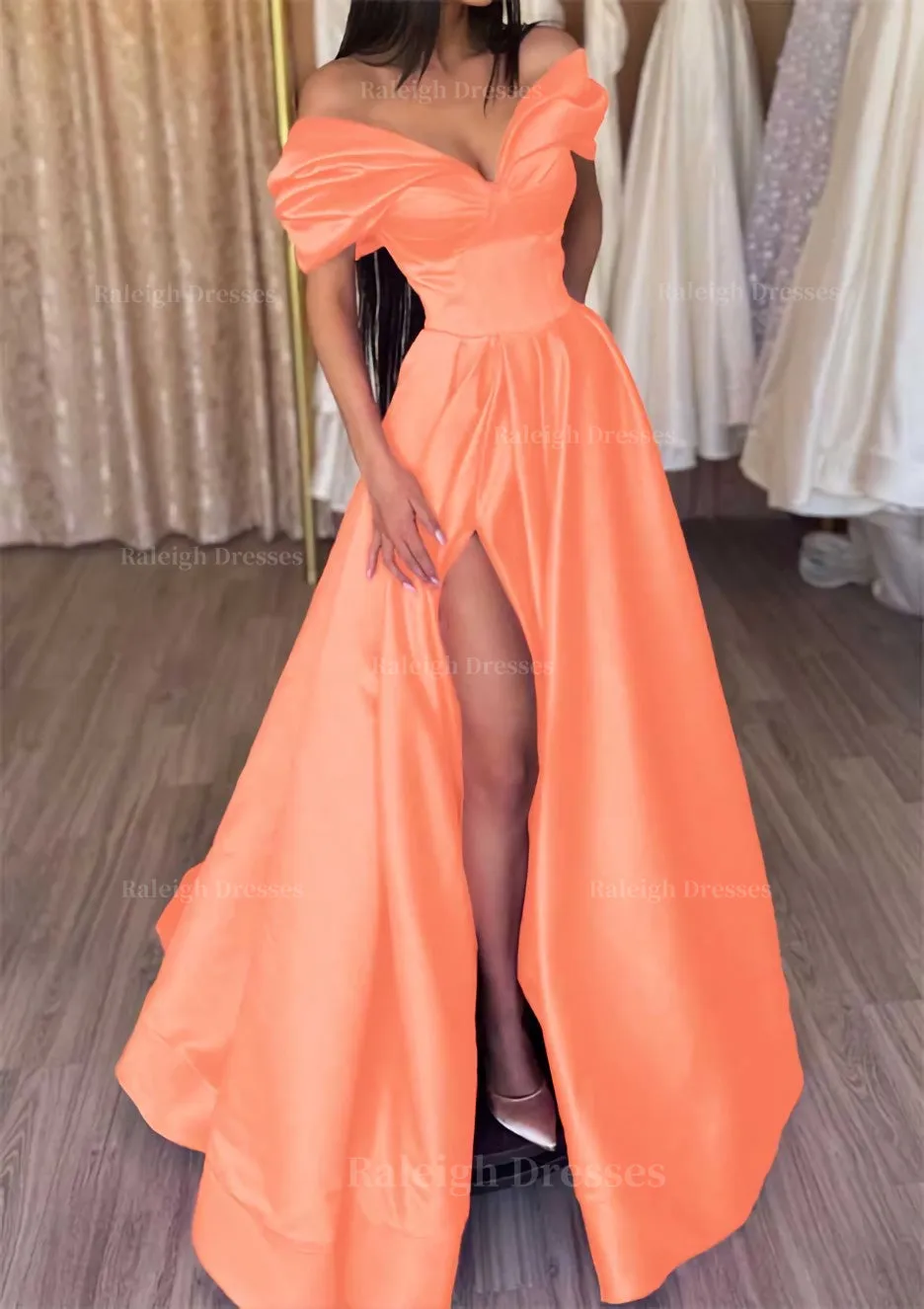 A-line Off-the-Shoulder Short Sleeve Satin Long/Floor-Length Prom Dress With Ruffles Split