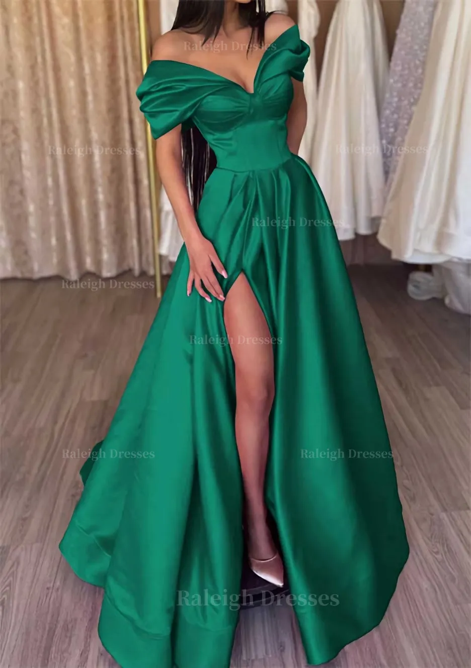 A-line Off-the-Shoulder Short Sleeve Satin Long/Floor-Length Prom Dress With Ruffles Split