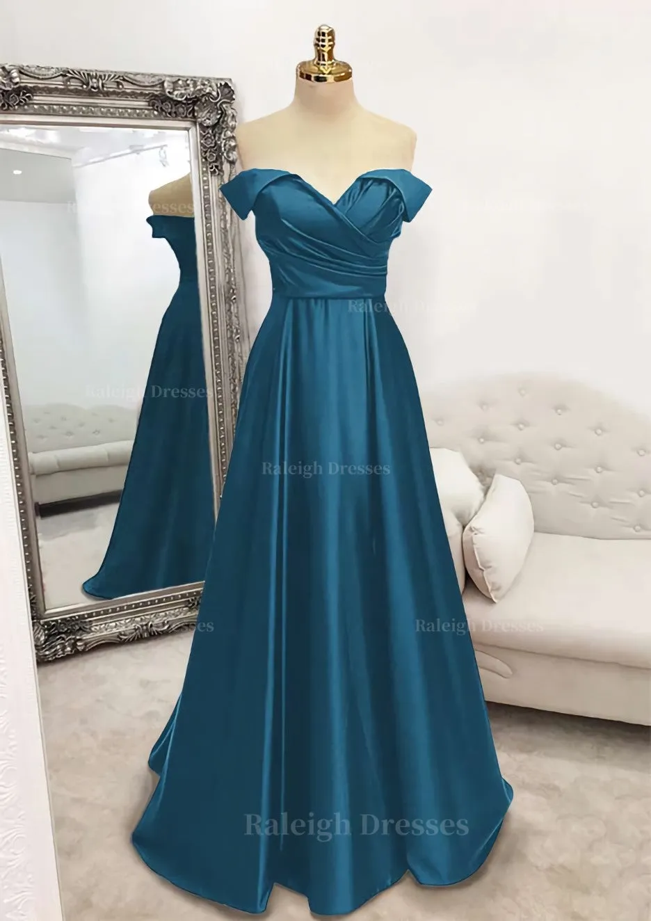 A-line Off-the-Shoulder Sleeveless Long/Floor-Length Satin Prom Dress With Pleated