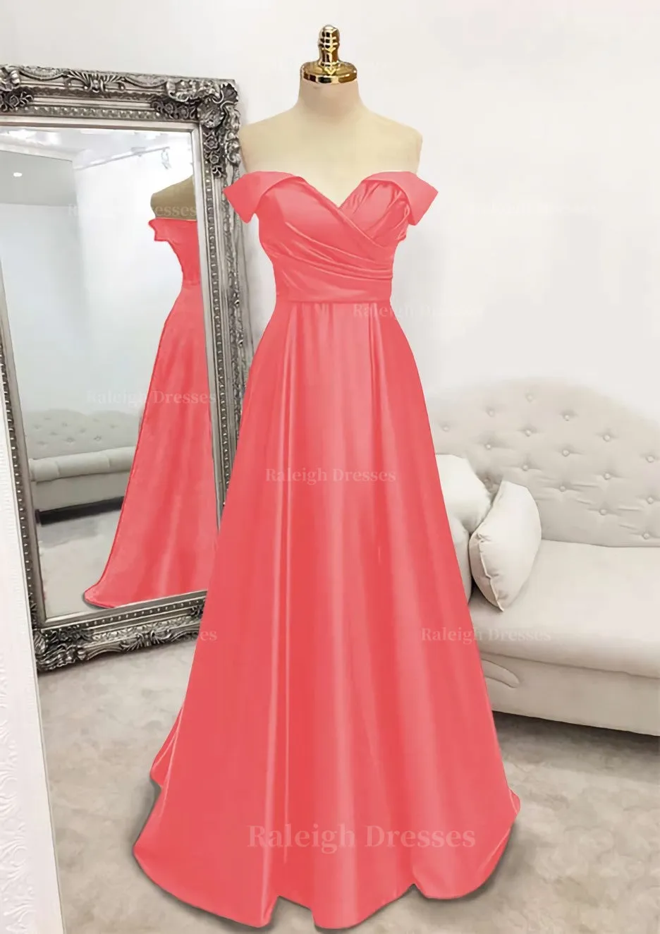 A-line Off-the-Shoulder Sleeveless Long/Floor-Length Satin Prom Dress With Pleated