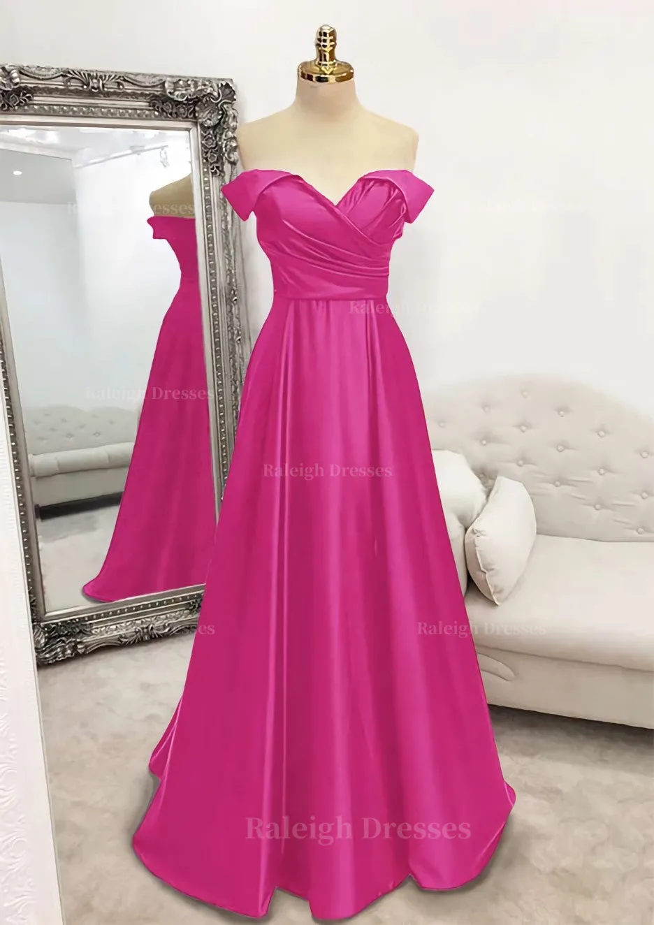 A-line Off-the-Shoulder Sleeveless Long/Floor-Length Satin Prom Dress With Pleated