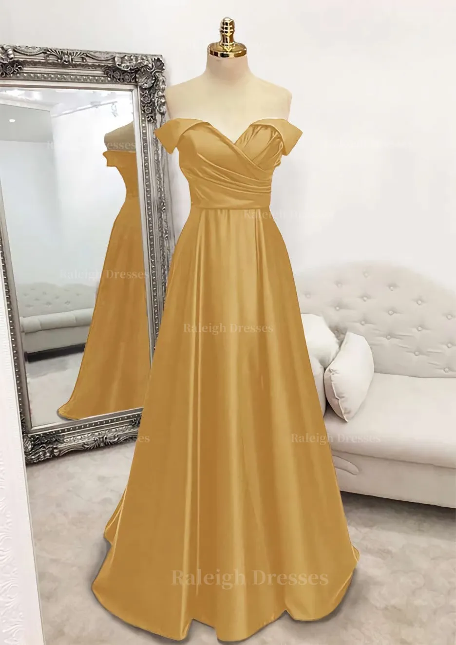 A-line Off-the-Shoulder Sleeveless Long/Floor-Length Satin Prom Dress With Pleated