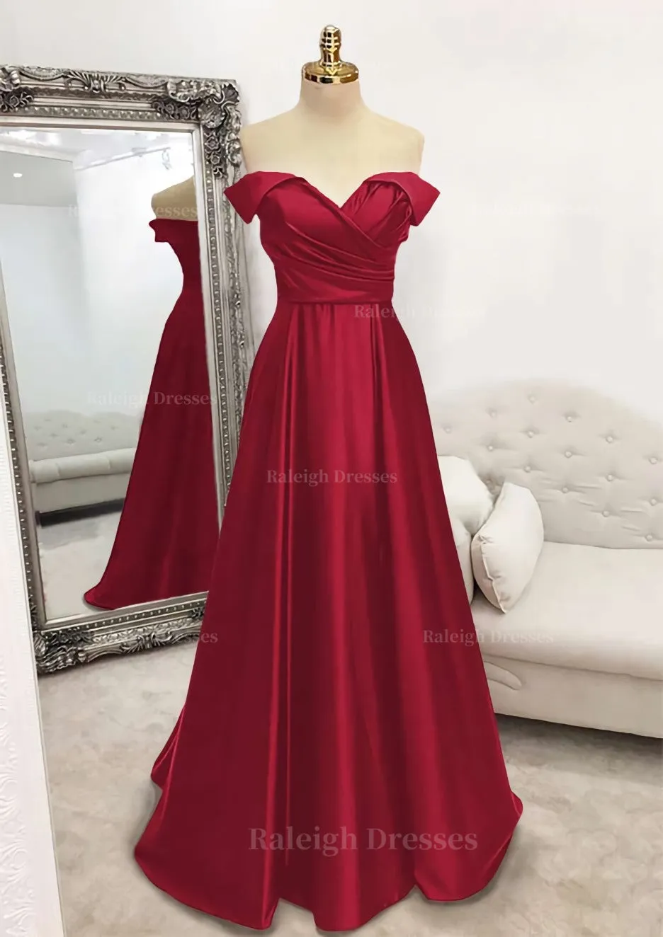 A-line Off-the-Shoulder Sleeveless Long/Floor-Length Satin Prom Dress With Pleated