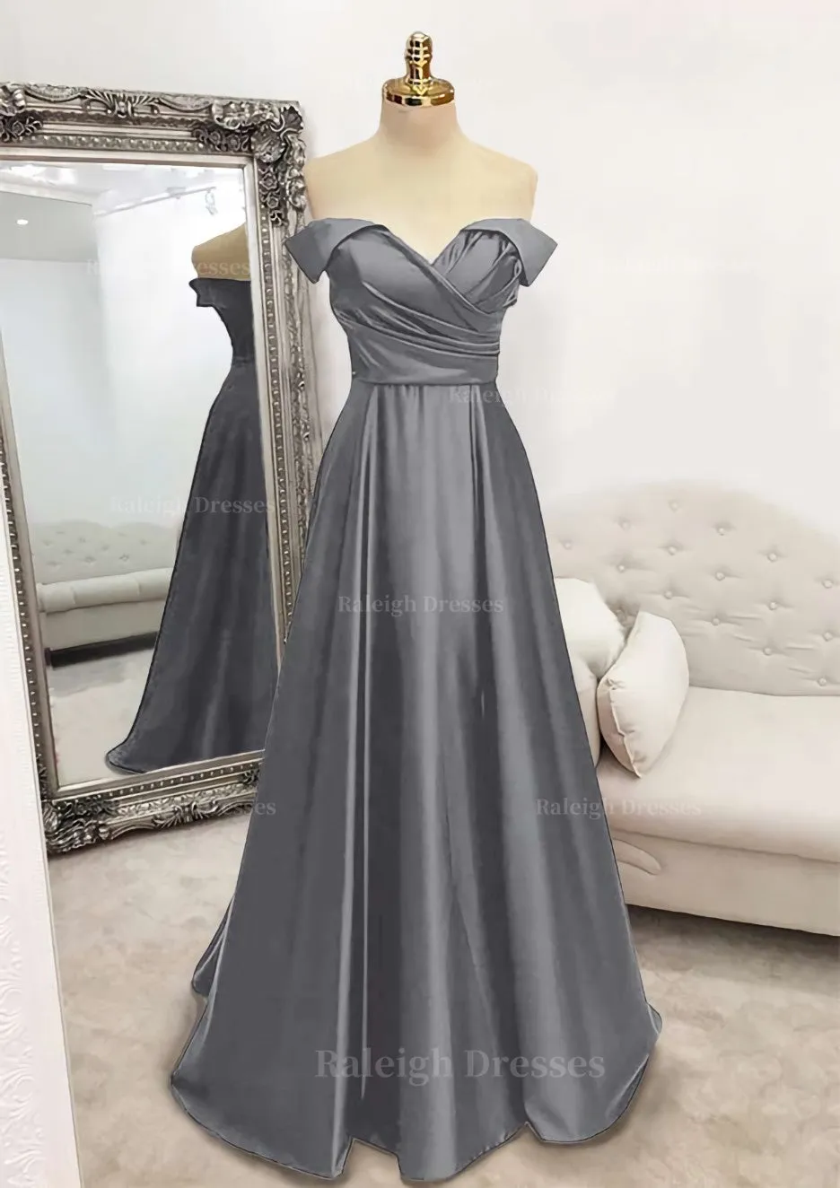 A-line Off-the-Shoulder Sleeveless Long/Floor-Length Satin Prom Dress With Pleated