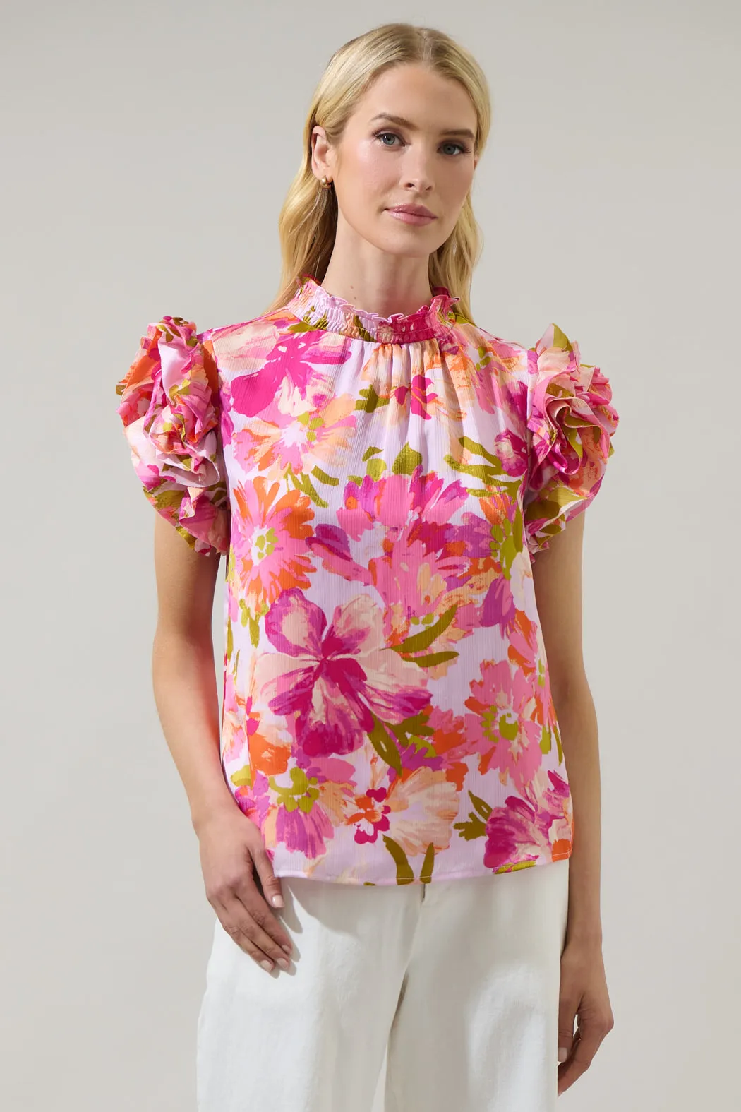 Abigal Floral Brenna Mock Neck Ruffle Blouse