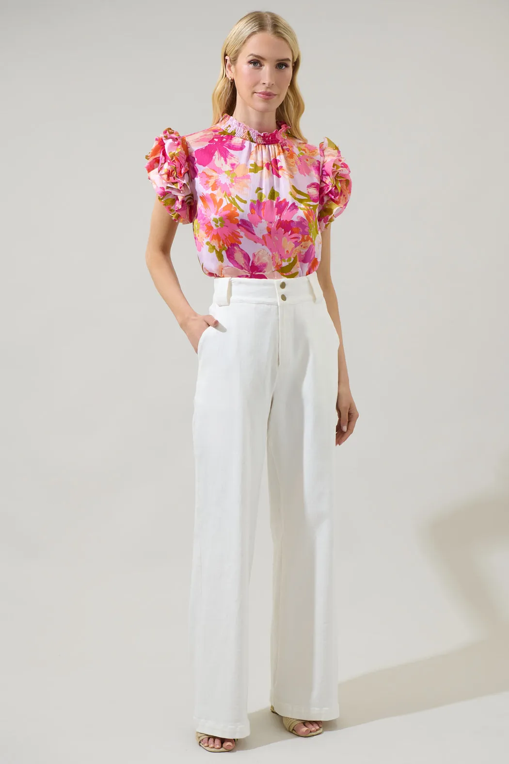 Abigal Floral Brenna Mock Neck Ruffle Blouse