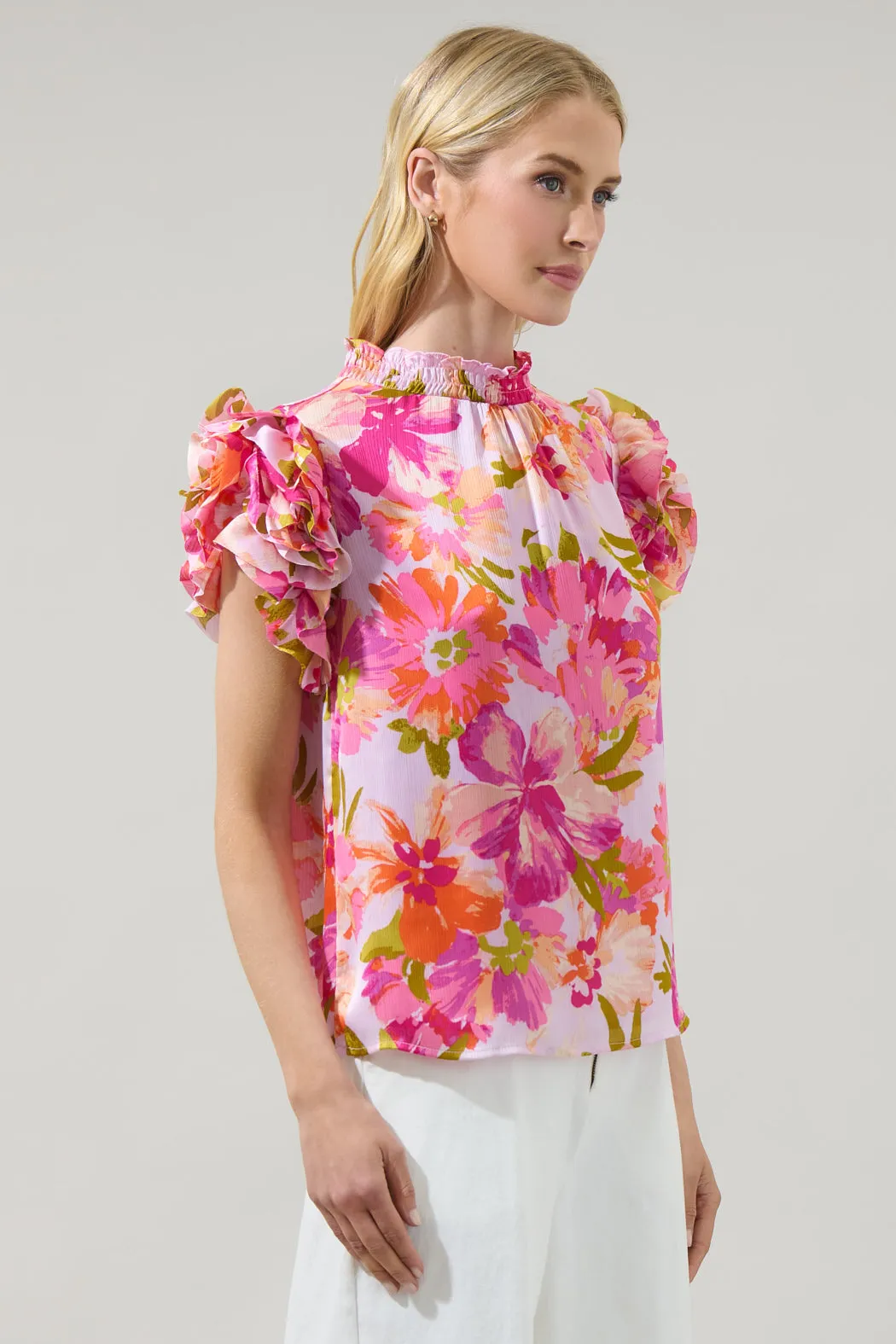 Abigal Floral Brenna Mock Neck Ruffle Blouse