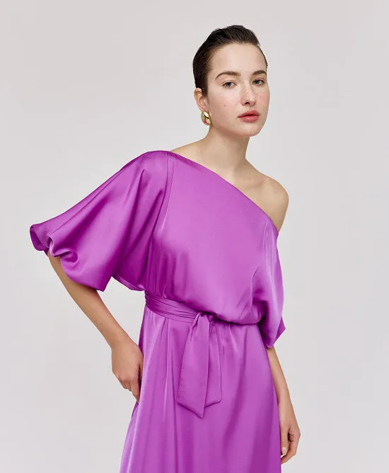 Access Fashion Violet Satin Dress With Asymmetric Sleeves