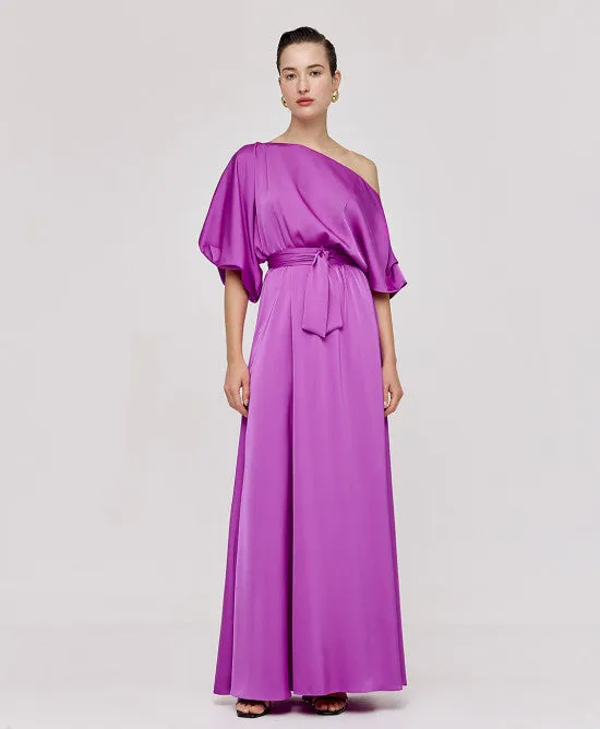 Access Fashion Violet Satin Dress With Asymmetric Sleeves